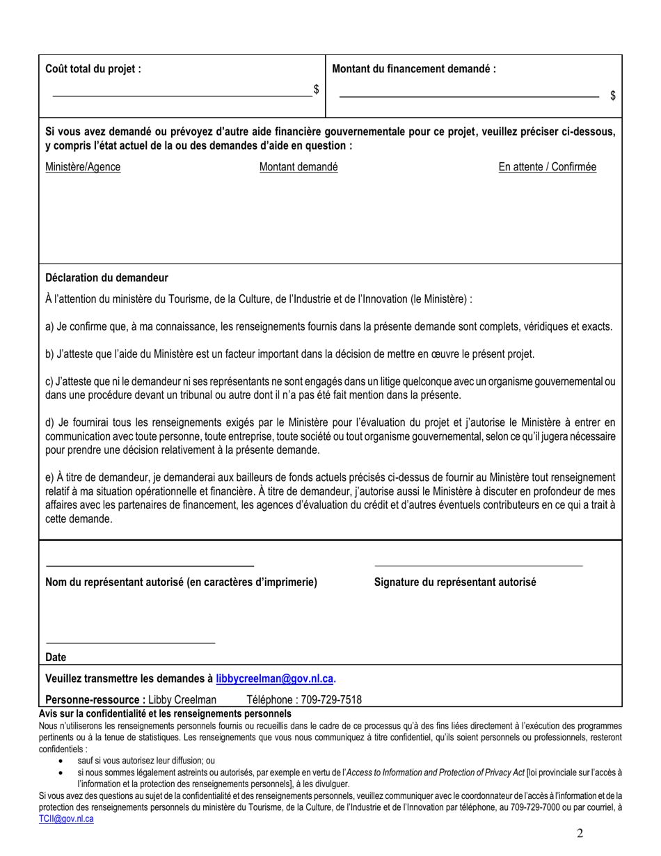 Demande De Financement Programme De Developpement Economique Culturel - Division DES Arts - Newfoundland and Labrador, Canada (French), Page 2