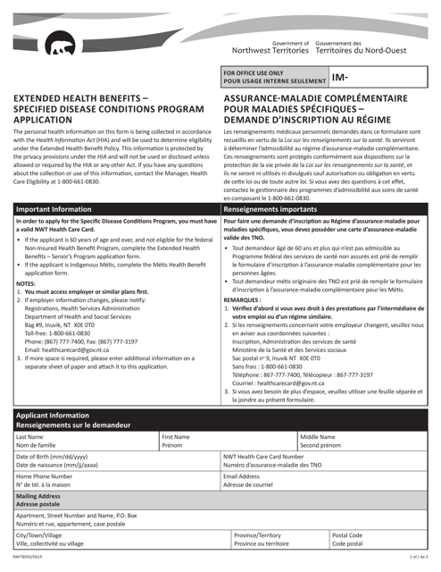 Form NWT8003 Extended Health Benefits - Specified Disease Conditions Program Application - Northwest Territories, Canada (English/French)