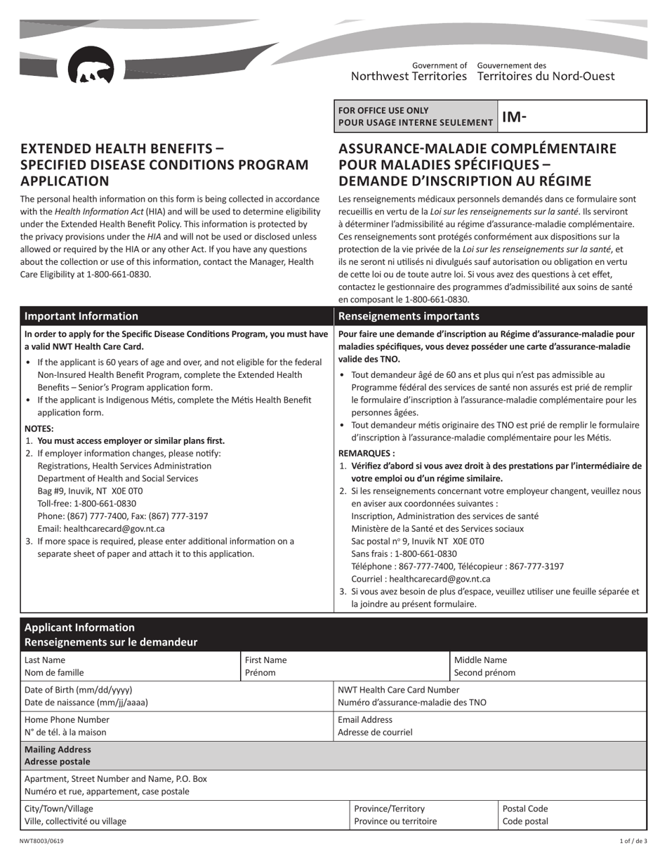 Form NWT8003 Extended Health Benefits - Specified Disease Conditions Program Application - Northwest Territories, Canada (English / French), Page 1