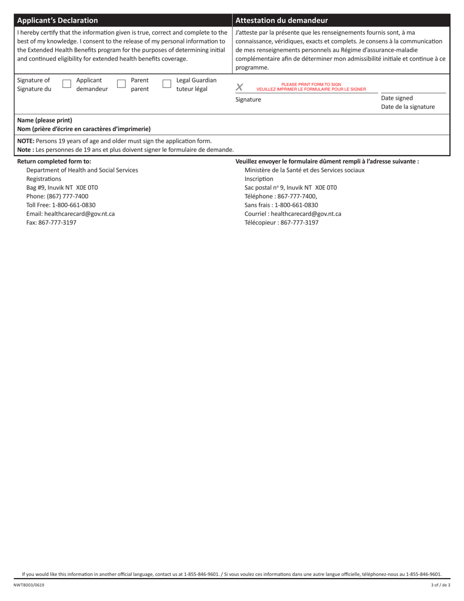 Form NWT8003 Extended Health Benefits - Specified Disease Conditions Program Application - Northwest Territories, Canada (English / French), Page 3