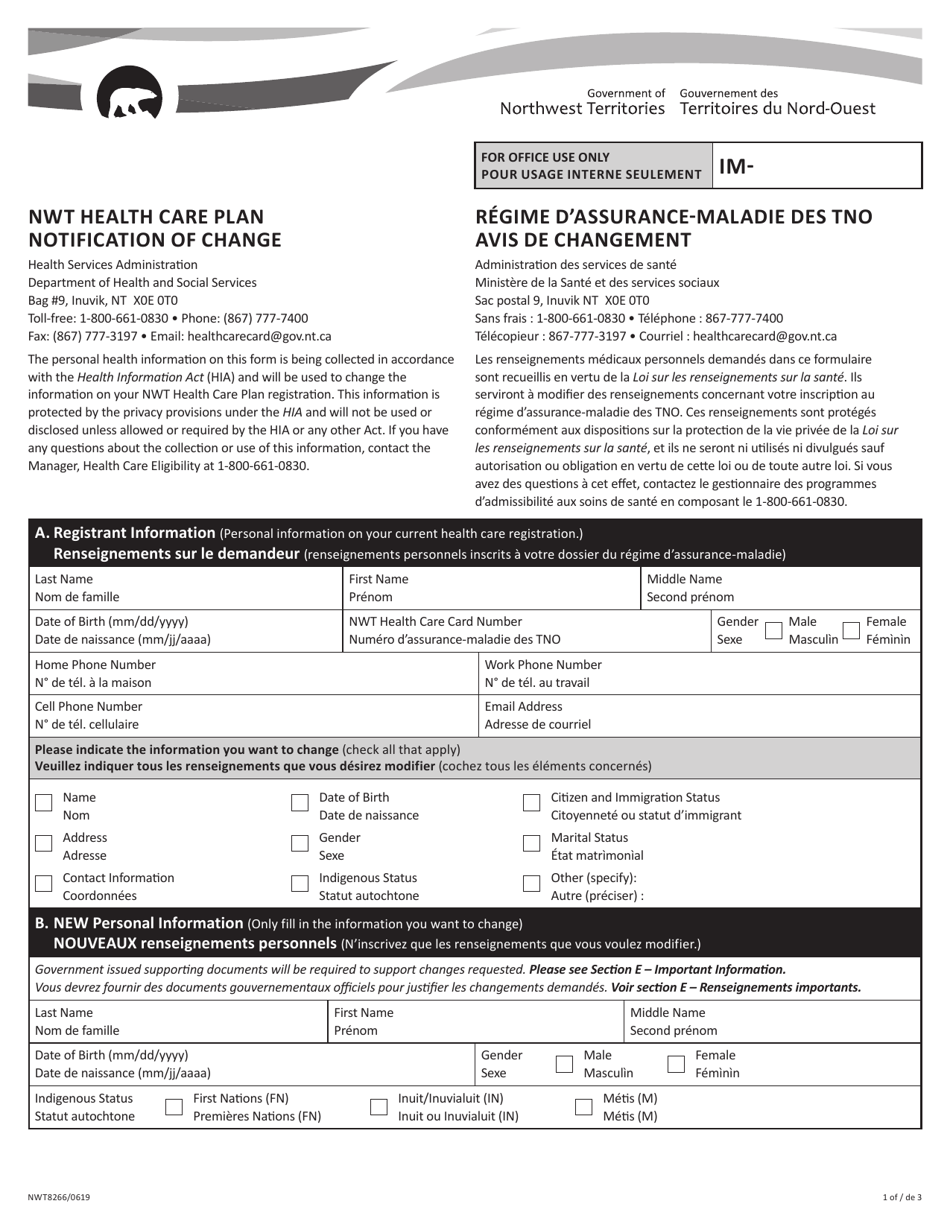 Form NWT8266 Nwt Health Care Plan Notification of Change - Northwest Territories, Canada (English / French), Page 1