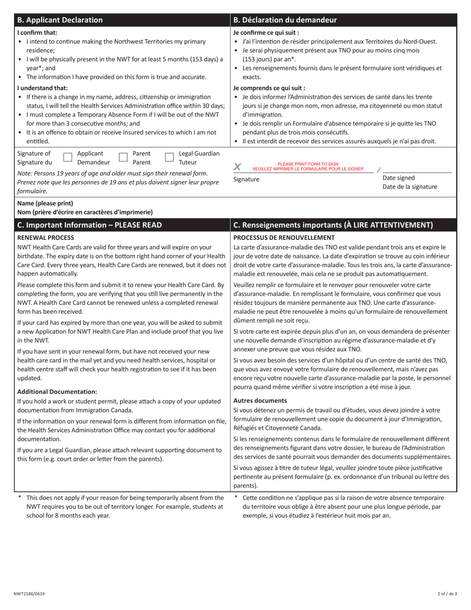 Form NWT2186 Northwest Territories Health Care Card Renewal Form - Northwest Territories, Canada (English / French), Page 2
