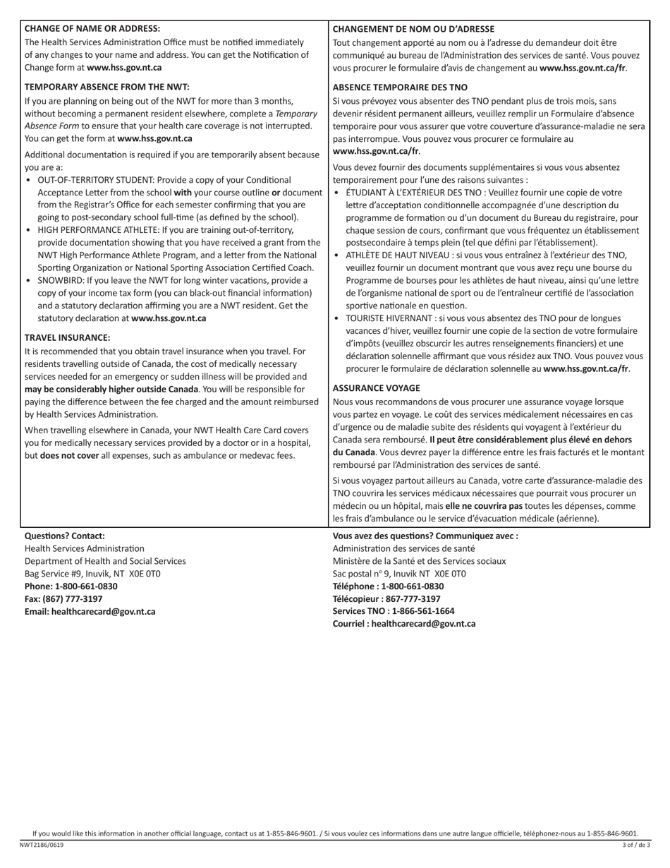 Form NWT2186 Northwest Territories Health Care Card Renewal Form - Northwest Territories, Canada (English / French), Page 3