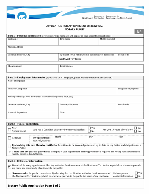 Application: for Appointment or Renewal as a Notary Public - Northwest Territories, Canada Download Pdf