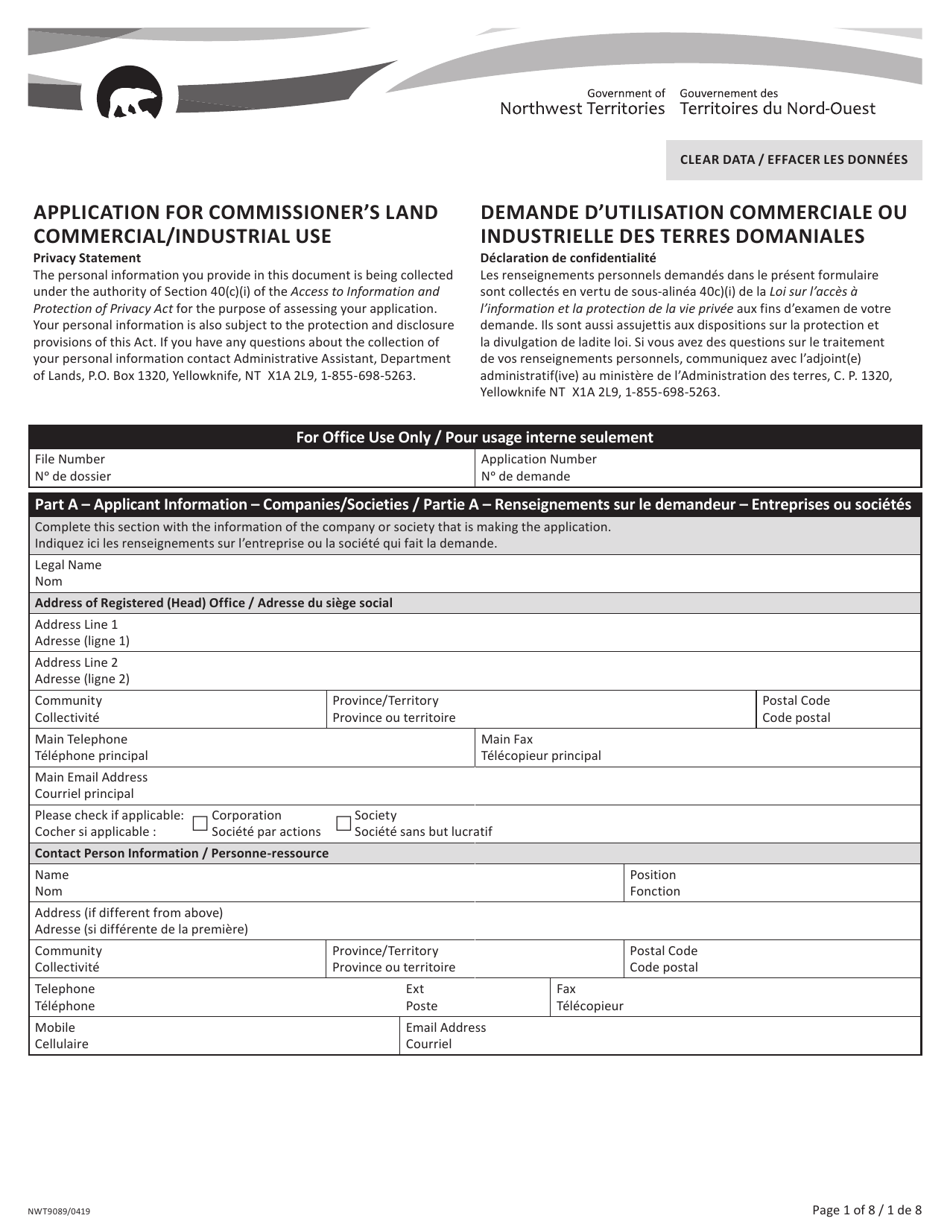 Form NWT9089 Application for Commissioners Land Commercial / Industrial Use - Northwest Territories, Canada (English / French), Page 1
