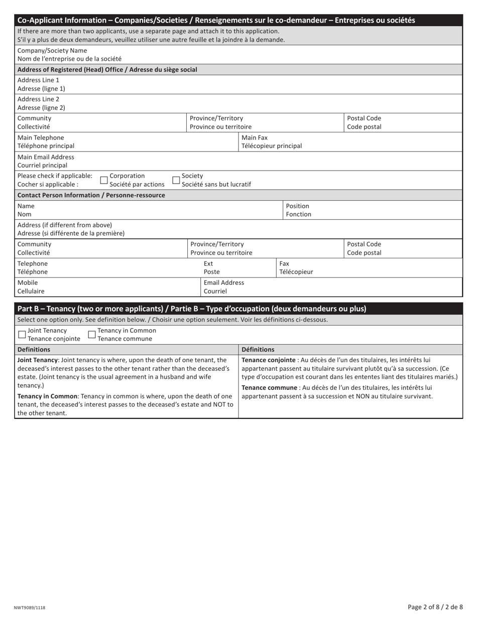 Form NWT9089 Application for Commissioners Land Commercial / Industrial Use - Northwest Territories, Canada (English / French), Page 2