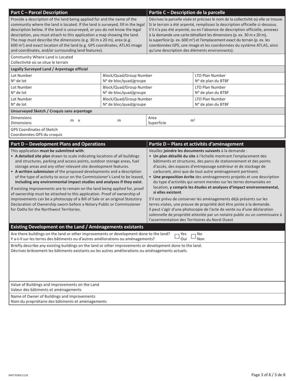Form NWT9089 Application for Commissioners Land Commercial / Industrial Use - Northwest Territories, Canada (English / French), Page 3