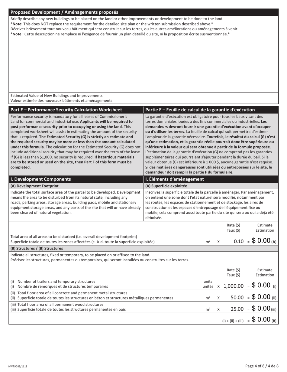 Form NWT9089 Application for Commissioners Land Commercial / Industrial Use - Northwest Territories, Canada (English / French), Page 4