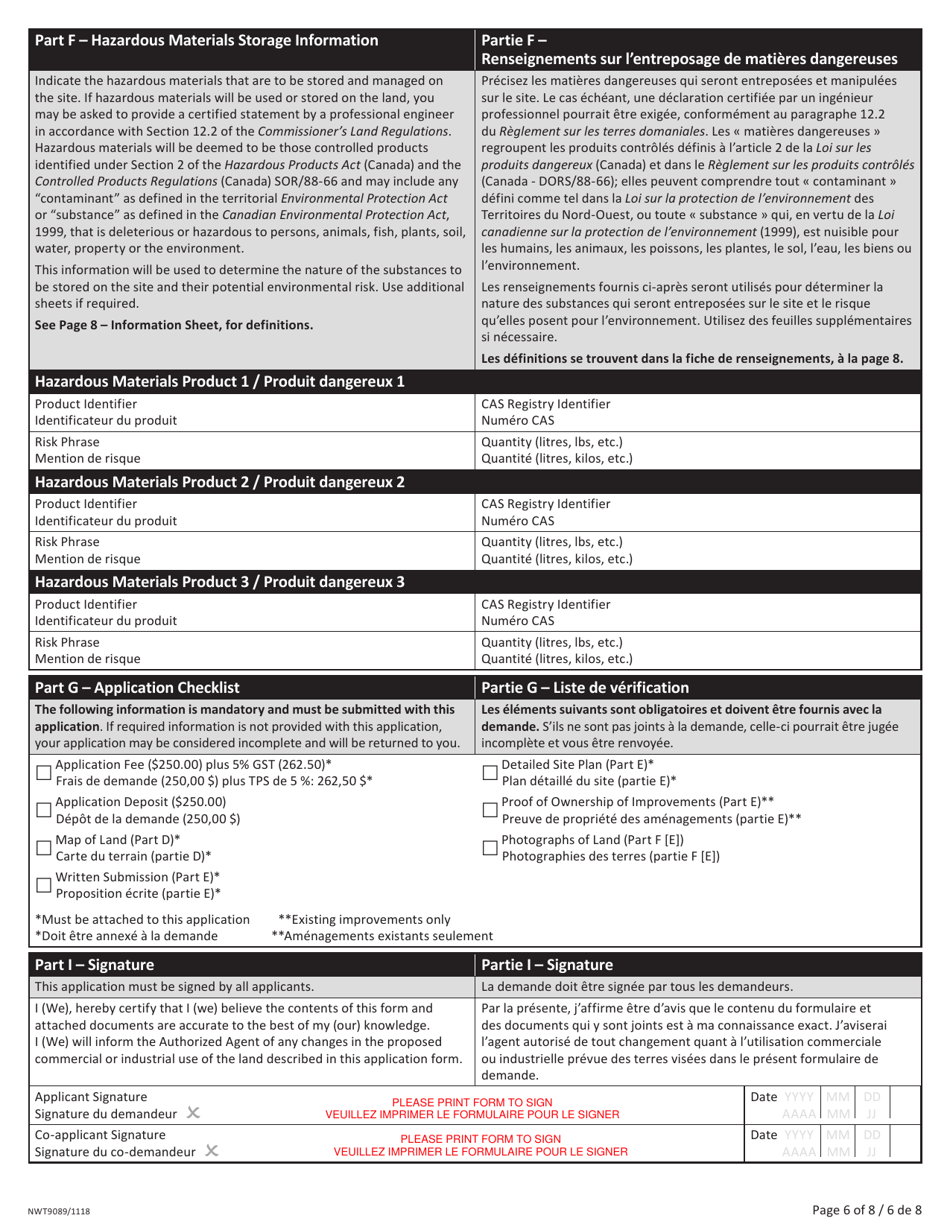Form NWT9089 Application for Commissioners Land Commercial / Industrial Use - Northwest Territories, Canada (English / French), Page 6