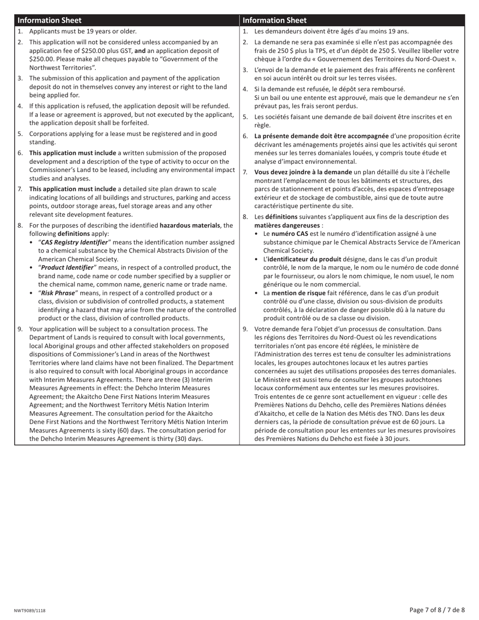 Form NWT9089 Application for Commissioners Land Commercial / Industrial Use - Northwest Territories, Canada (English / French), Page 7