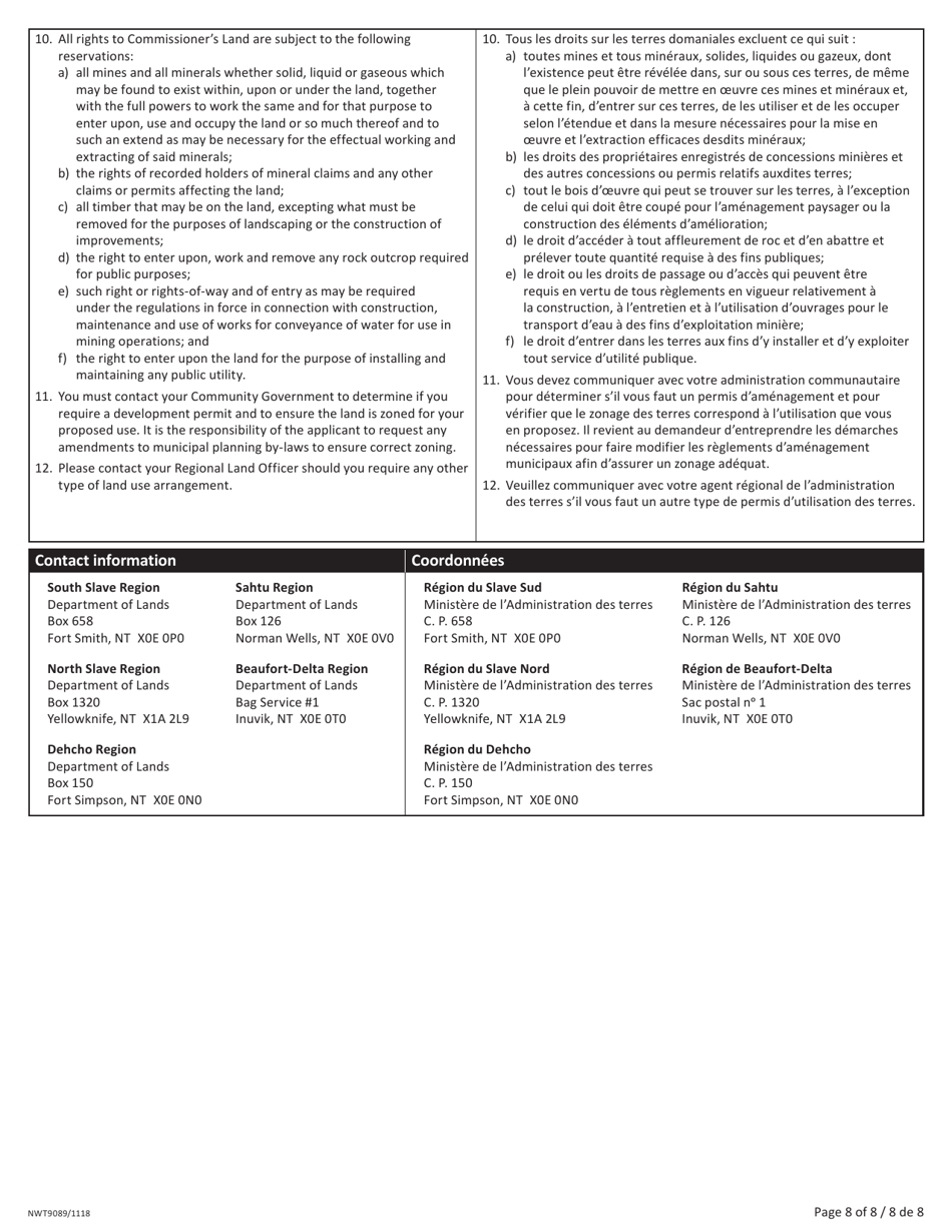 Form NWT9089 Application for Commissioners Land Commercial / Industrial Use - Northwest Territories, Canada (English / French), Page 8