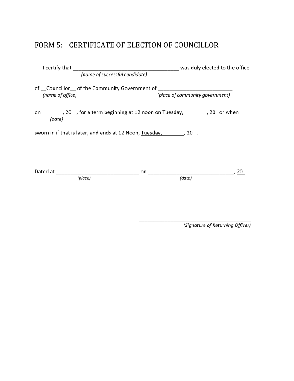 Form 5 Certificate of Election of Councillor - Northwest Territories, Canada, Page 1