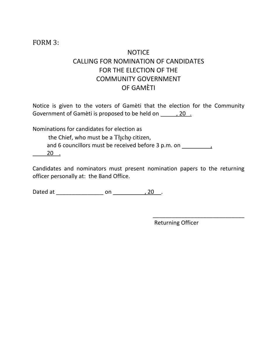 Form 3 Notice Calling for Nomination of Candidates for the Election of the Community Government of Gameti - Northwest Territories, Canada, Page 1