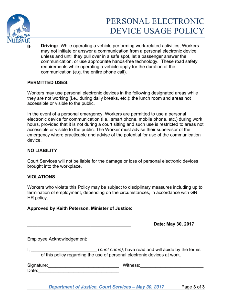 Nunavut Canada Personal Electronic Device Usage Policy Fill Out, Sign Online and Download PDF