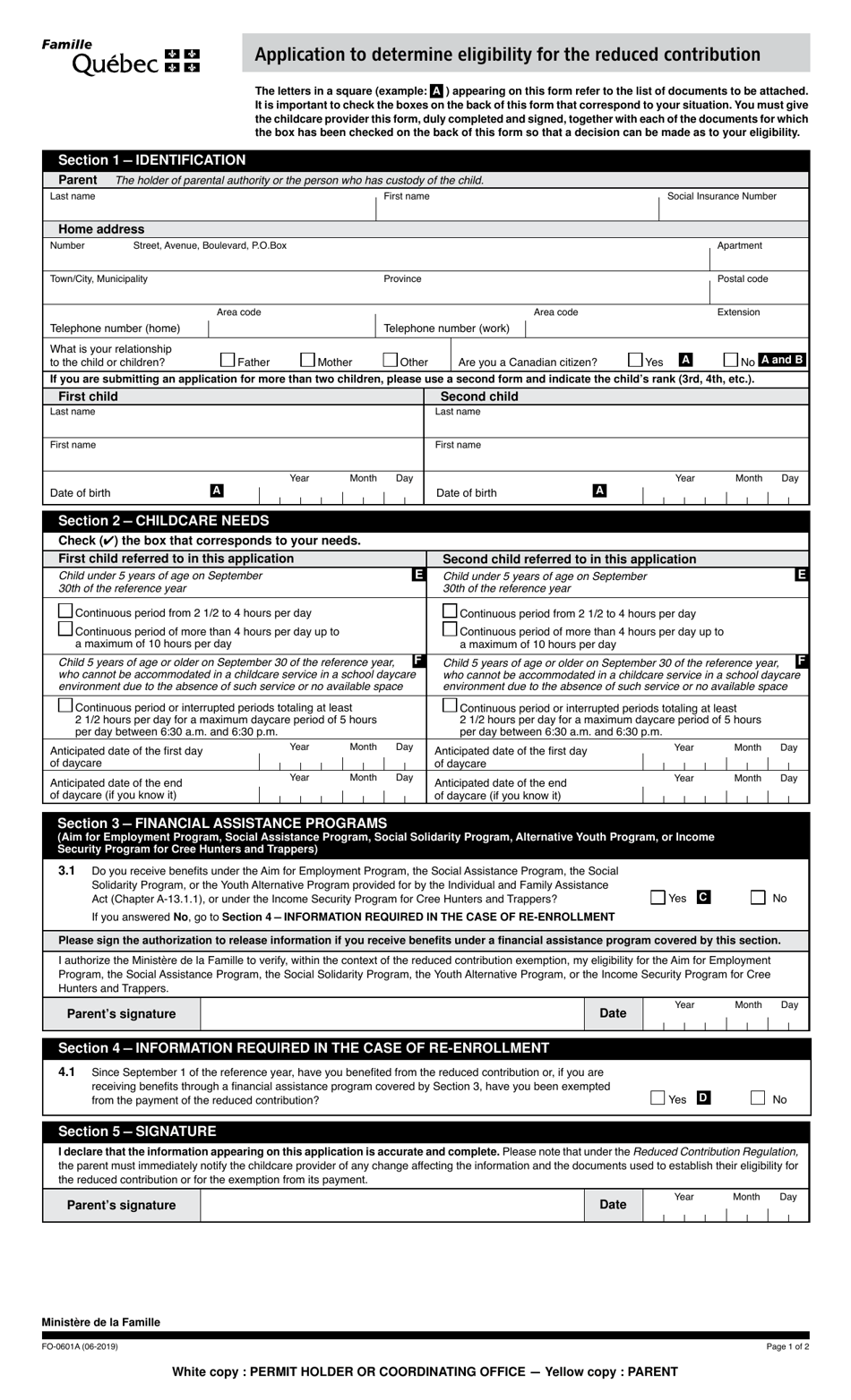 Form FO-0601A Application to Determine Eligibility for the Reduced Contribution - Quebec, Canada, Page 1
