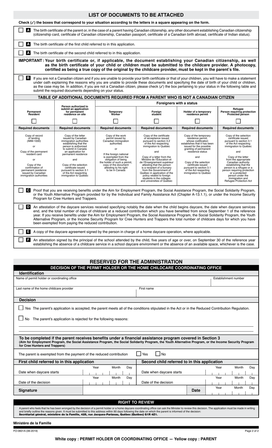 Form FO-0601A Application to Determine Eligibility for the Reduced Contribution - Quebec, Canada, Page 2
