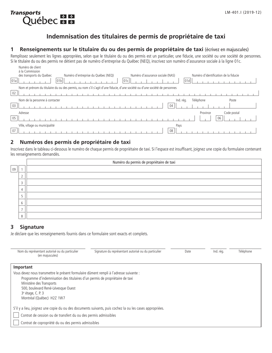Forme LM-401.I Indemnisation DES Titulaires De Permis De Proprietaire De Taxi - Quebec, Canada (French), Page 1