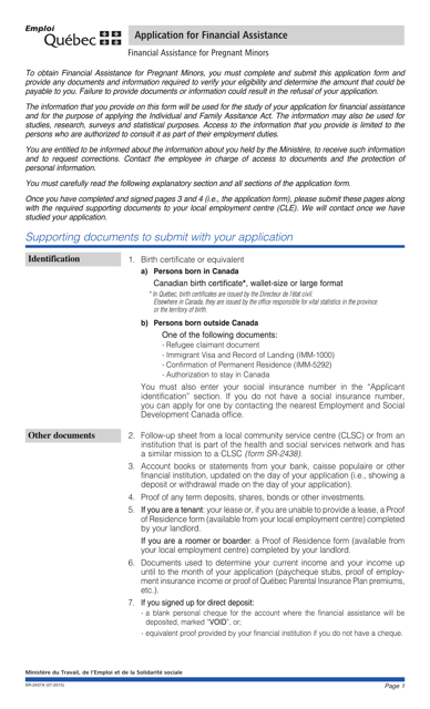 Form SR-2437A Application for Financial Assistance - Quebec, Canada