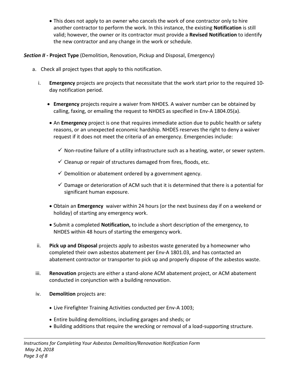 Instructions for Form NHDES-A-01-016 Asbestos Demolition / Renovation Notification Form - New Hampshire, Page 3