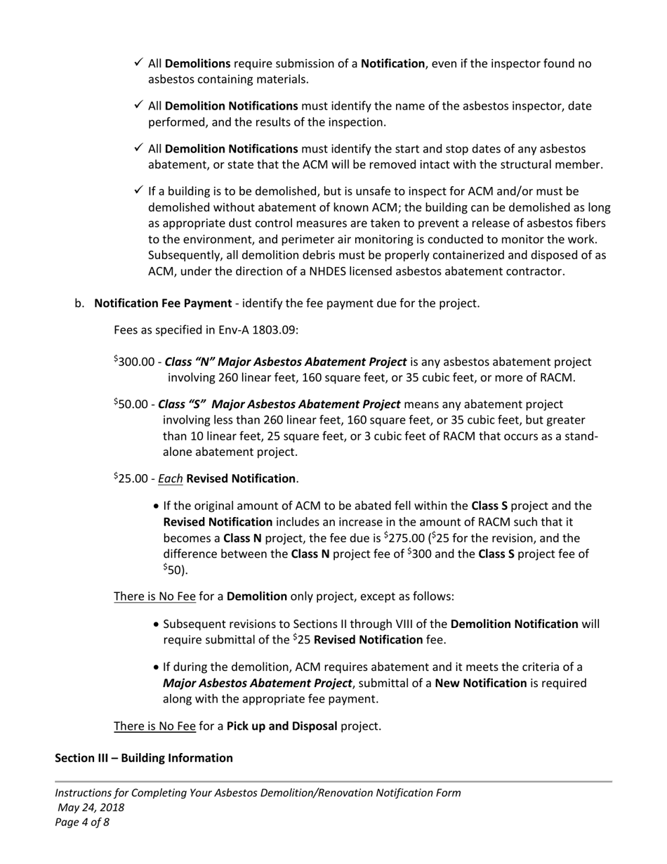 Instructions for Form NHDES-A-01-016 Asbestos Demolition / Renovation Notification Form - New Hampshire, Page 4