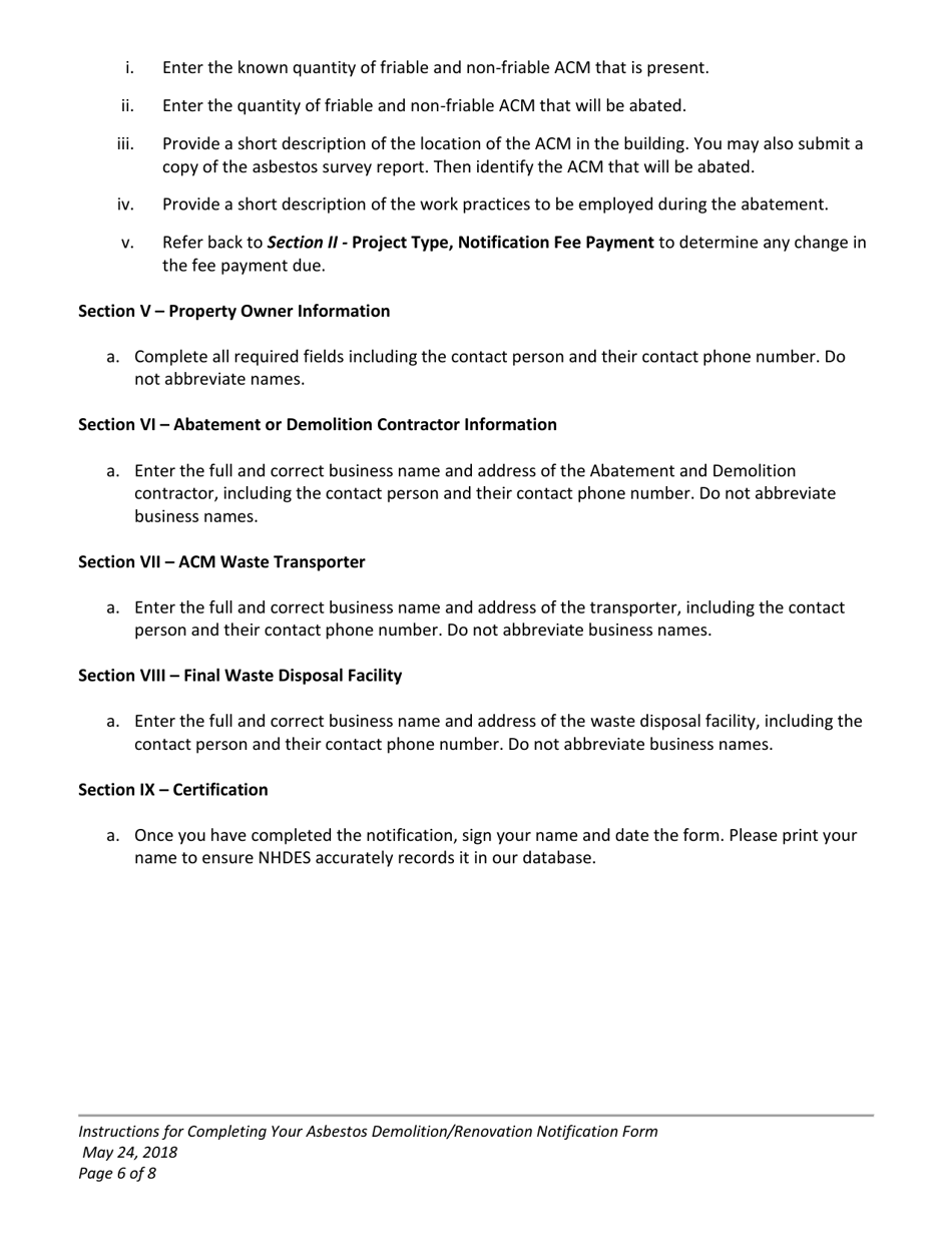 Instructions for Form NHDES-A-01-016 Asbestos Demolition / Renovation Notification Form - New Hampshire, Page 6