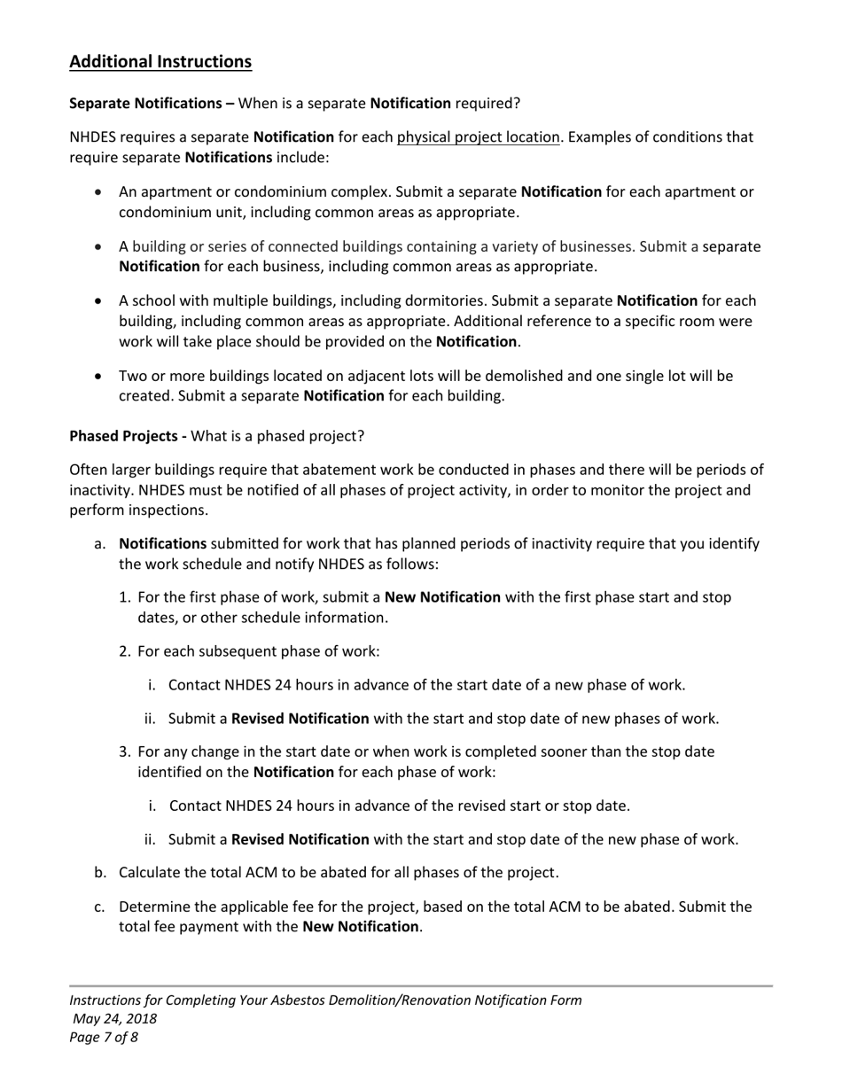 Instructions for Form NHDES-A-01-016 Asbestos Demolition / Renovation Notification Form - New Hampshire, Page 7