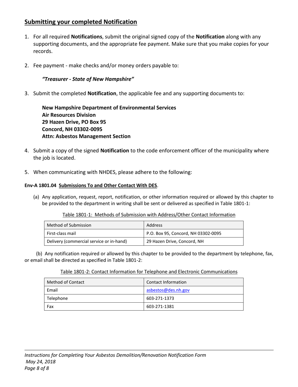 Instructions for Form NHDES-A-01-016 Asbestos Demolition / Renovation Notification Form - New Hampshire, Page 8