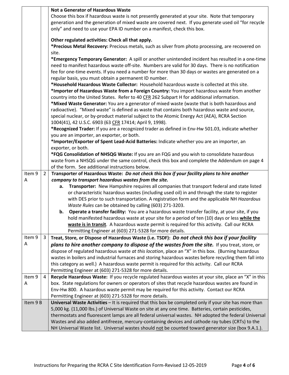 Instructions for Form NHDES-S-01-009 Rcra C Site Identification Form - New Hampshire, Page 4