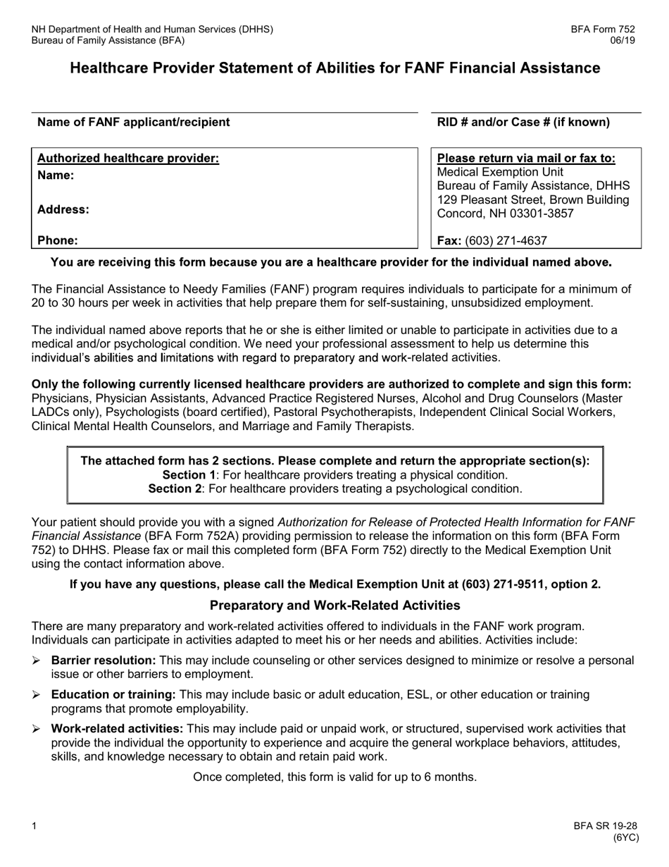 BFA Form 752 Physician/Clinician Statement of Capabilities - New Hampshire, Page 1