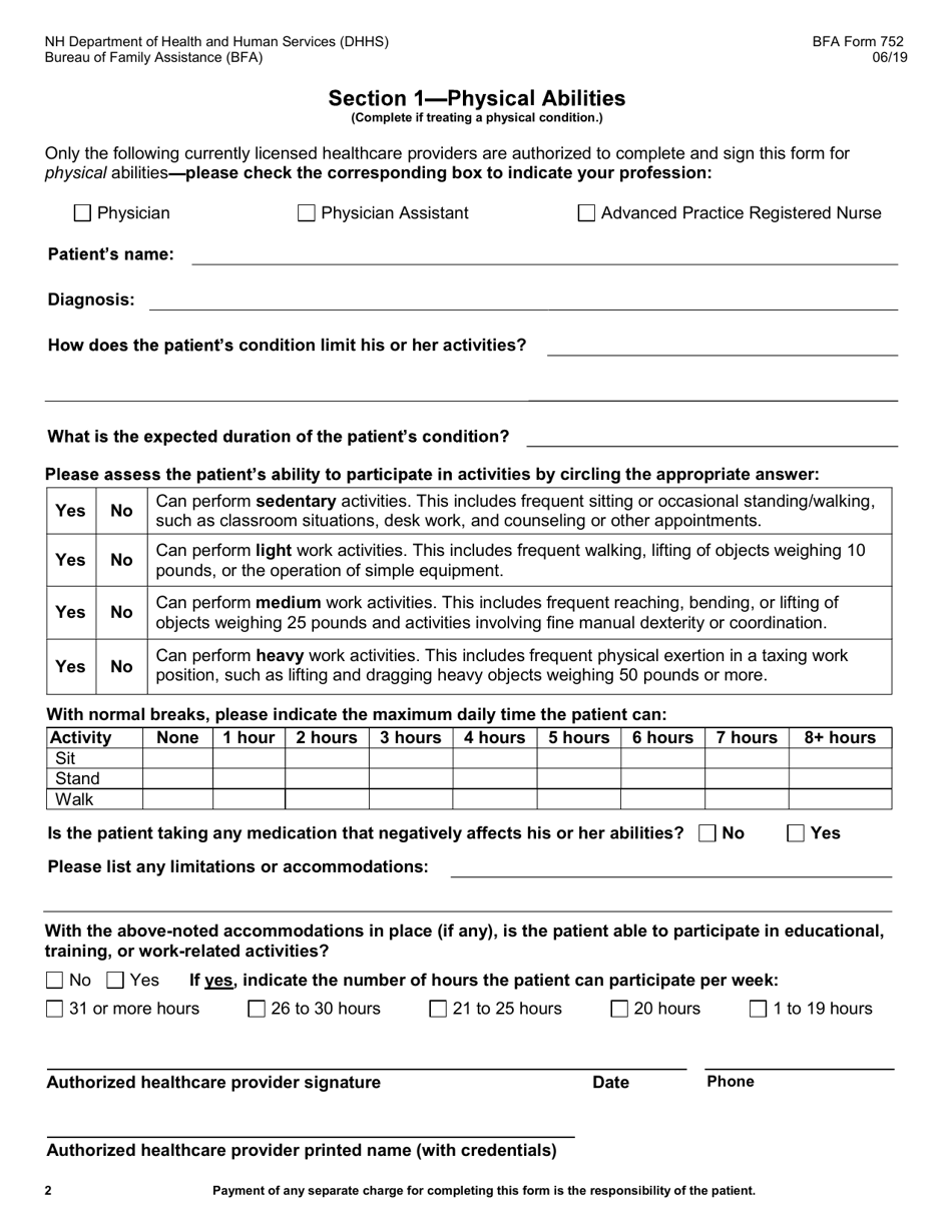 BFA Form 752 Physician / Clinician Statement of Capabilities - New Hampshire, Page 2