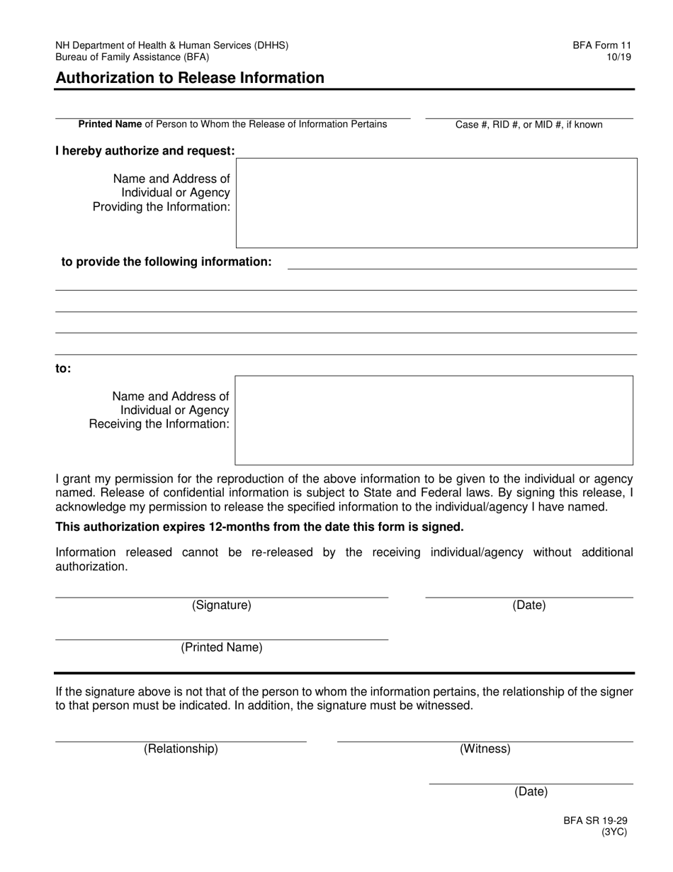 BFA Form 11 Authorization to Release Information - New Hampshire, Page 1