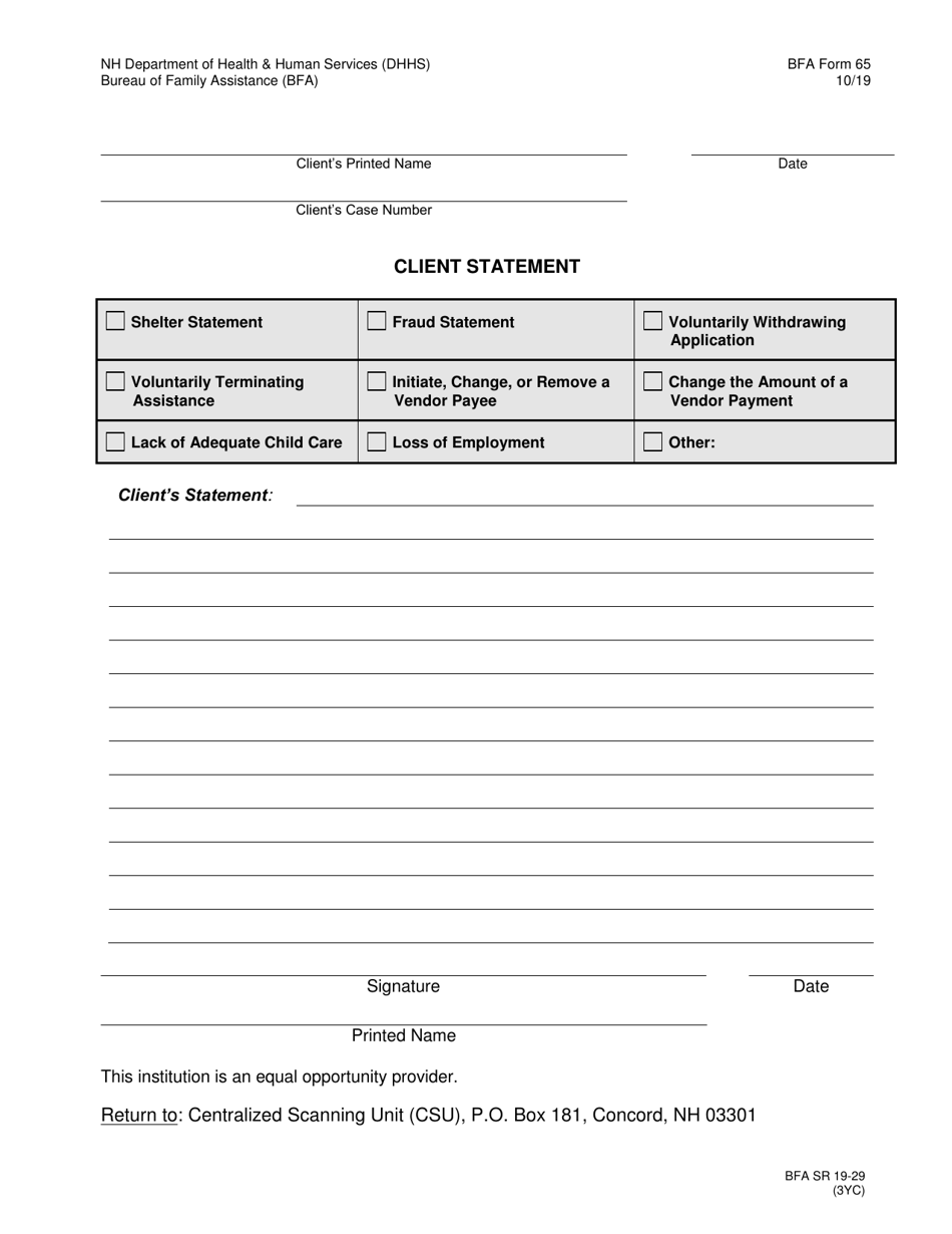 BFA Form 65 Client Statement - New Hampshire, Page 1