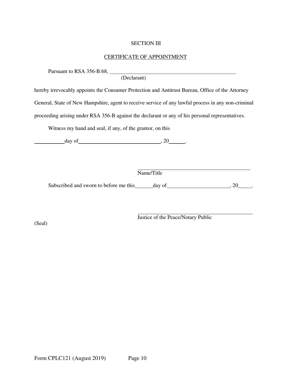 Form CPLC121 Application for Twenty-Five Unit Exemption - New Hampshire, Page 10