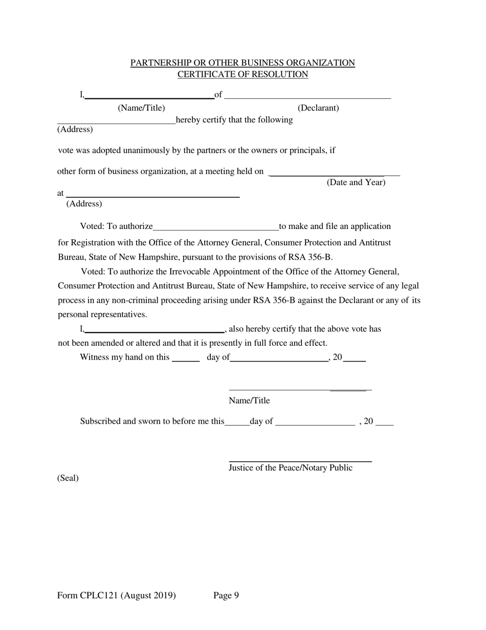 Form CPLC121 Application for Twenty-Five Unit Exemption - New Hampshire, Page 9