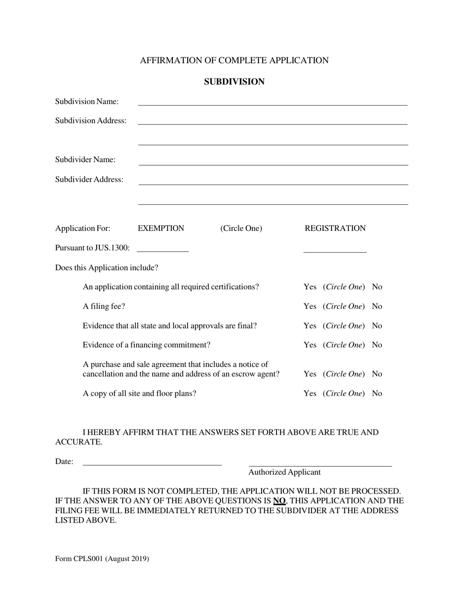 Form CPLS001 Affirmation of Complete Application - New Hampshire, Page 1