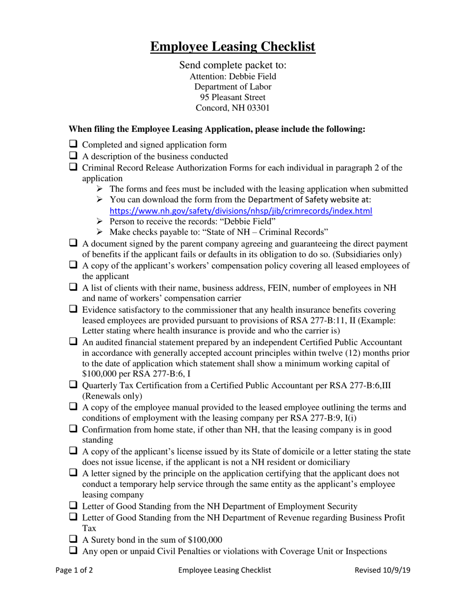 Employee Leasing Checklist - New Hampshire, Page 1