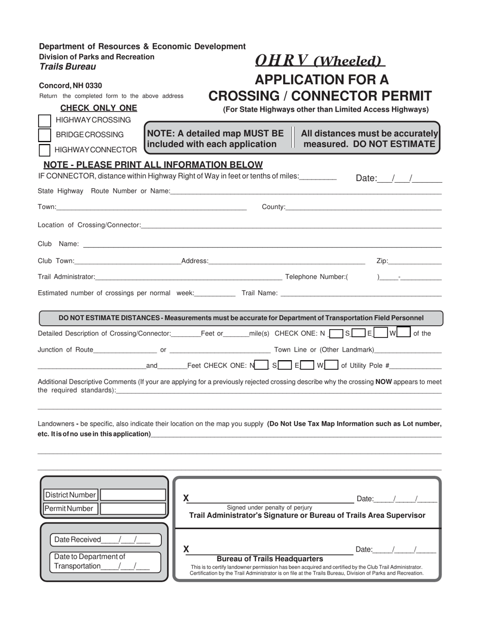 Ohrv Application for a Crossing / Connector Permit - New Hampshire, Page 1