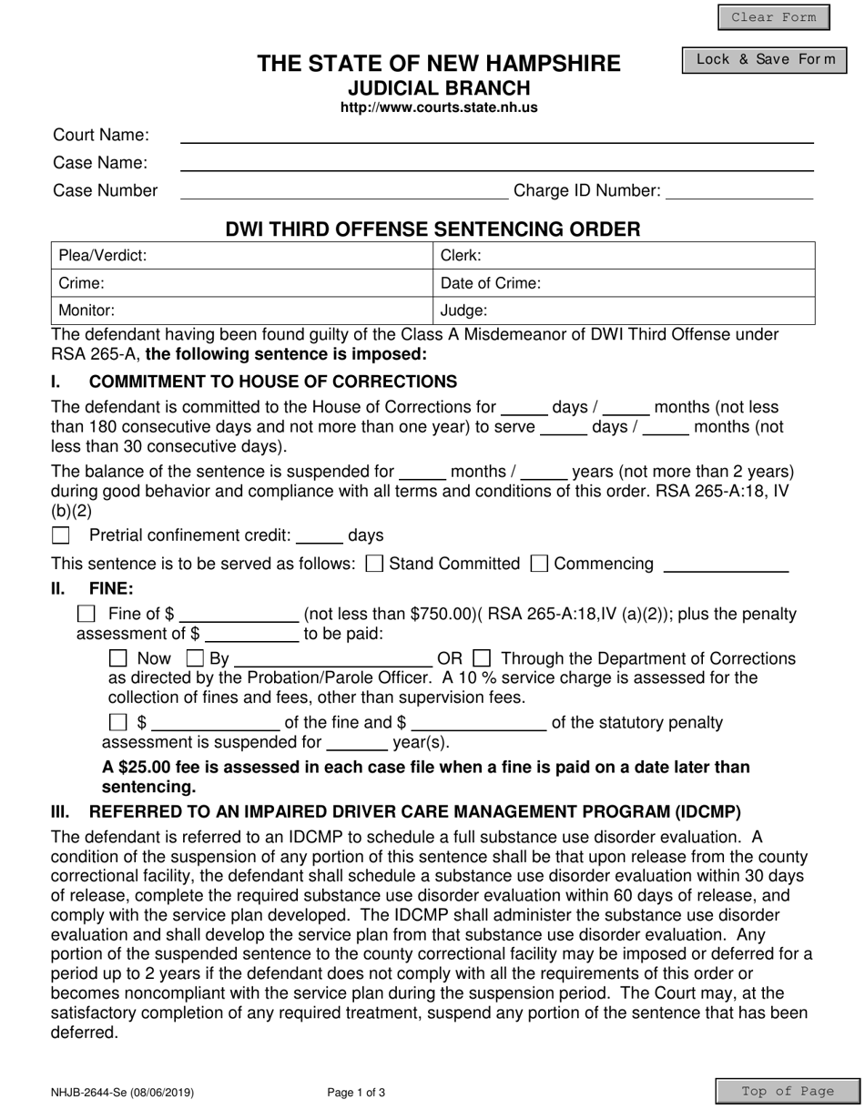 Form NHJB-2644-SE Dwi Third Offense Sentencing Order - New Hampshire, Page 1