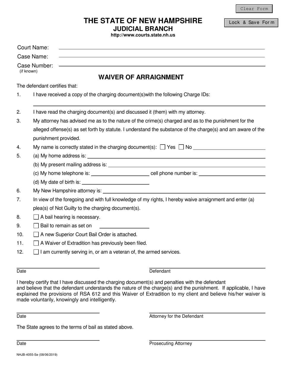 Form NHJB-4055-SE Waiver of Arraignment - New Hampshire, Page 1
