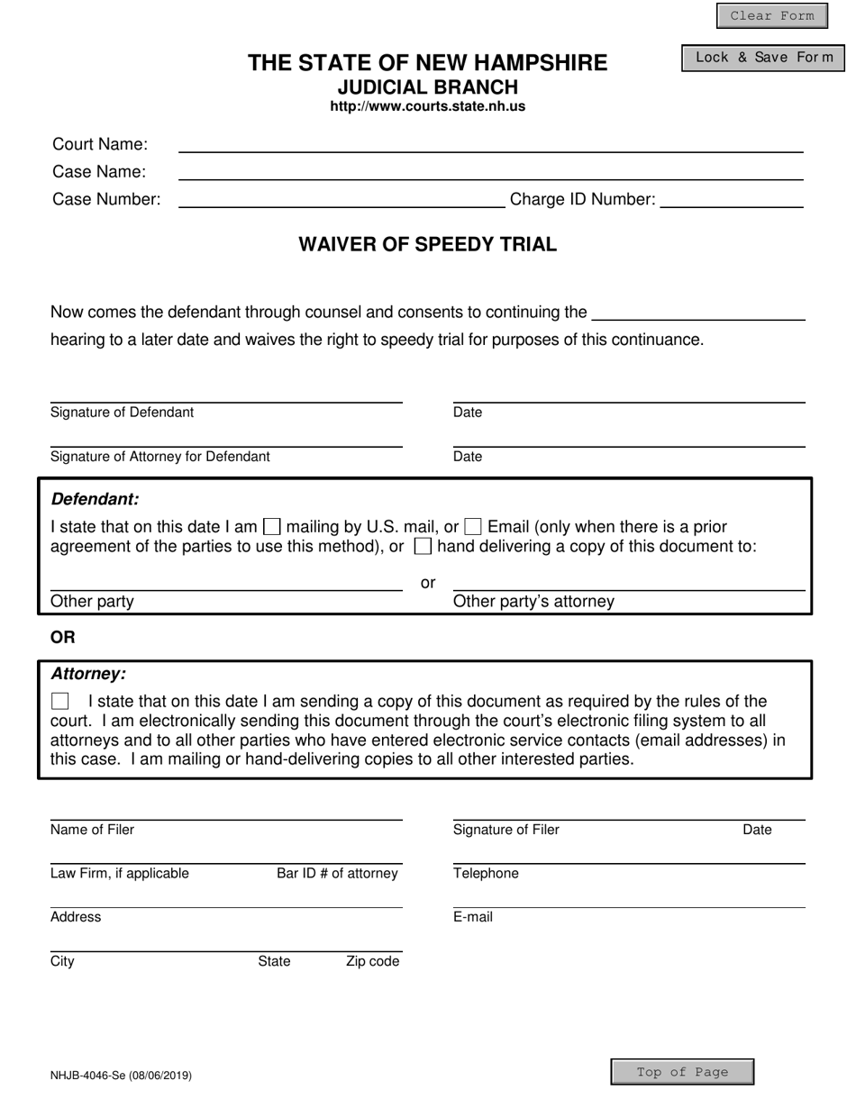 Form NHJB-4046-SE Waiver of Speedy Trial - New Hampshire, Page 1