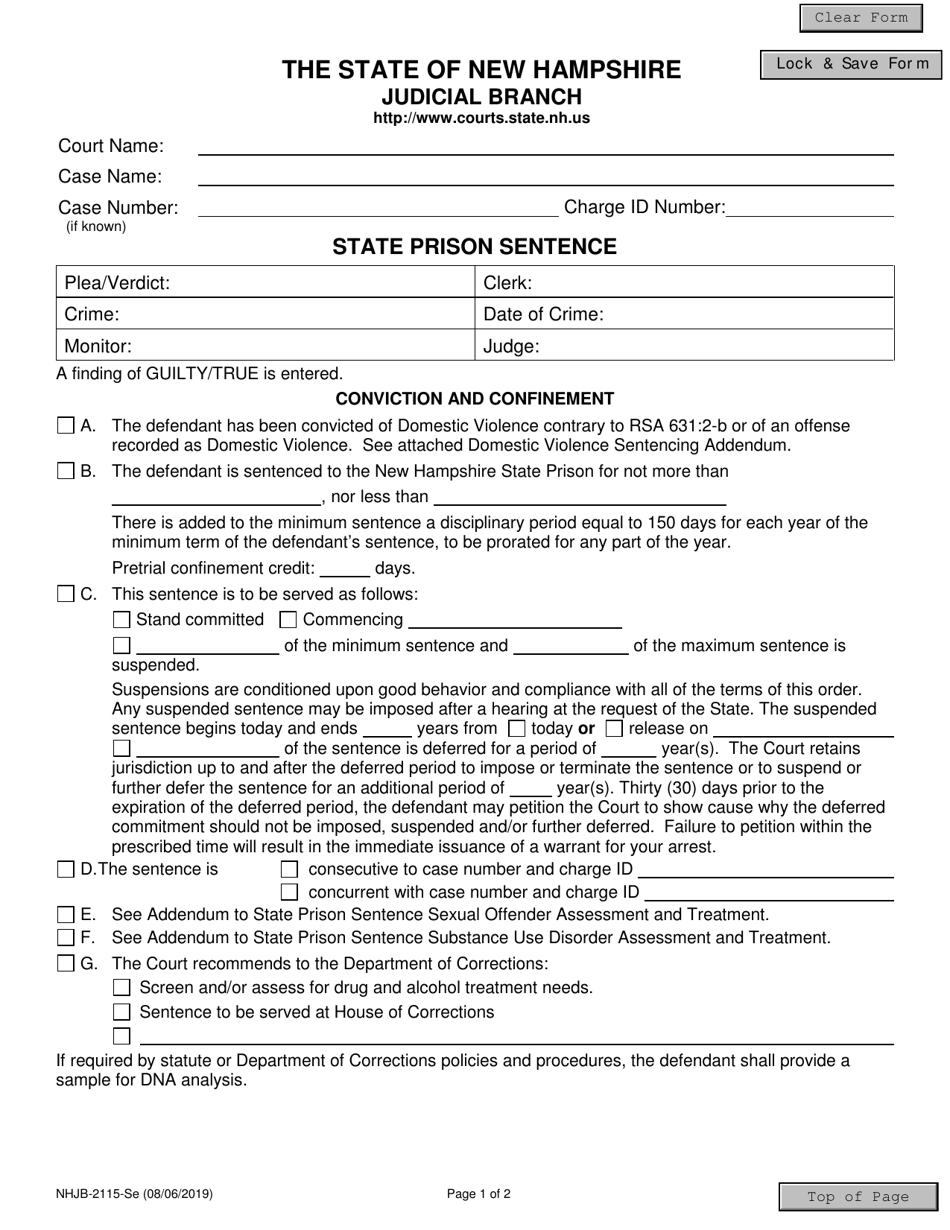 Form NHJB-1215-SE State Prison Sentence - New Hampshire, Page 1