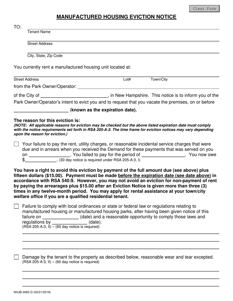 Form NHJB-3065-D Manufactured Housing Eviction Notice - New Hampshire, Page 1