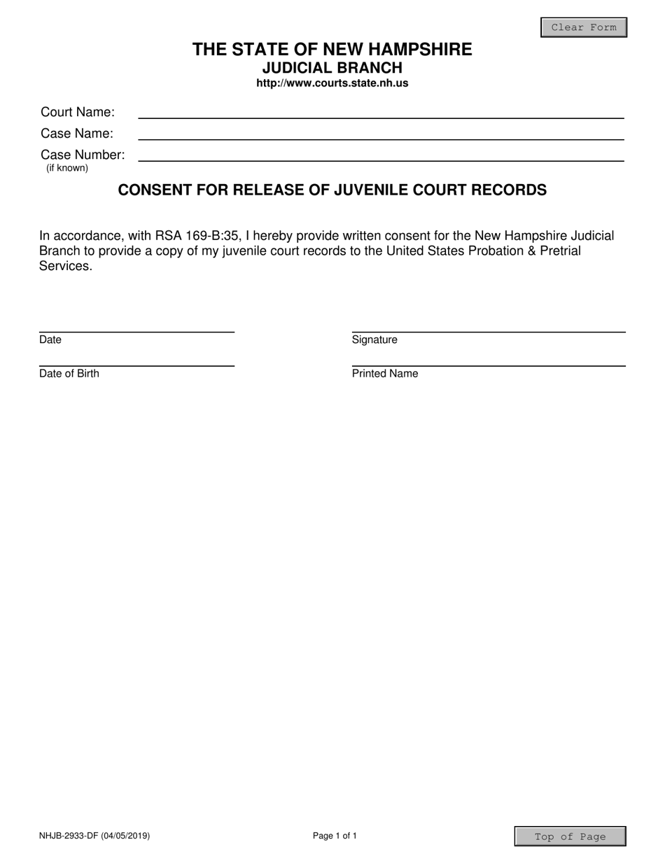 Form NHJB-2933-DF Consent for Release of Juvenile Court Records - New Hampshire, Page 1