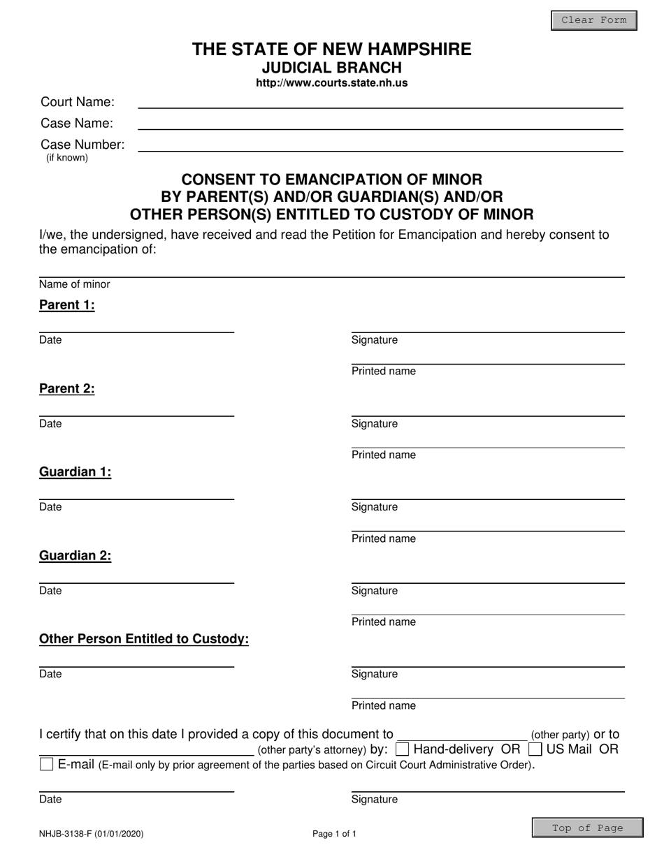 Form NHJB-3138-F Consent to Emancipation of Minor by Parent(S) and / or Guardian(S) and / or Other Person(s) Entitled to Custody of Minor - New Hampshire, Page 1