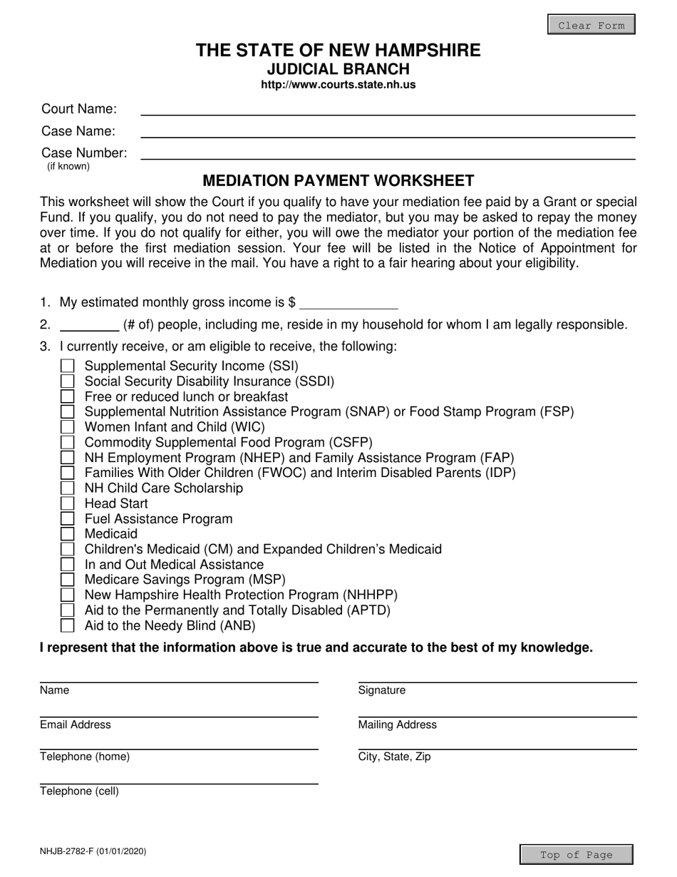 Form NHJB-2782-F Mediation Payment Worksheet - New Hampshire, Page 1