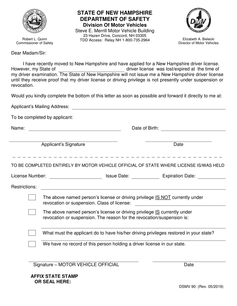 Form DSMV90 Verification of out of State License - New Hampshire, Page 1