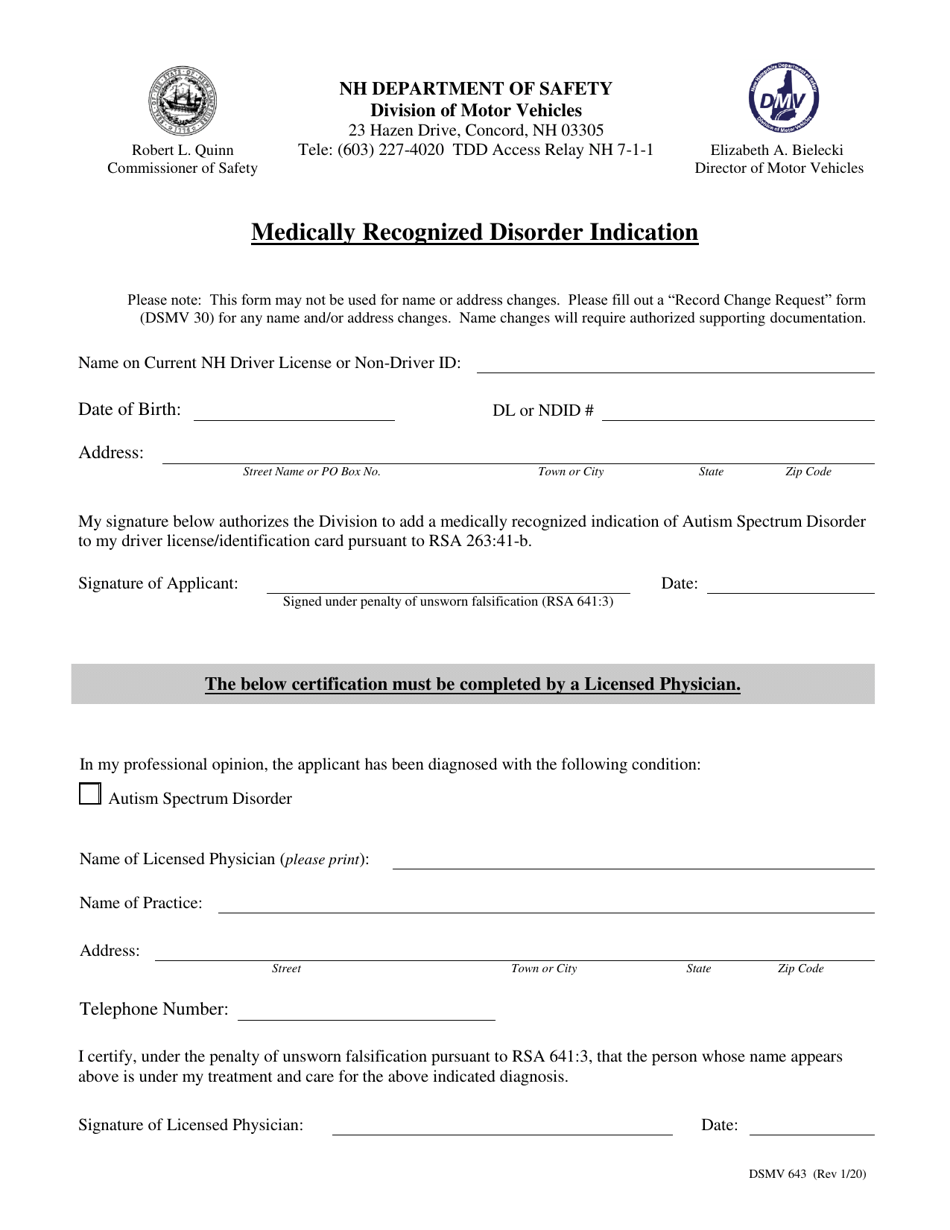 Form DSMV643 Medically Recognized Disorder Indication - New Hampshire, Page 1