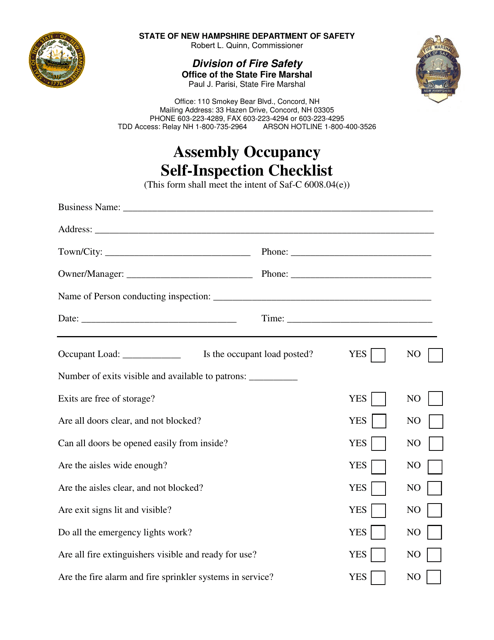Assembly Occupancy Self-inspection Checklist - New Hampshire Download Pdf