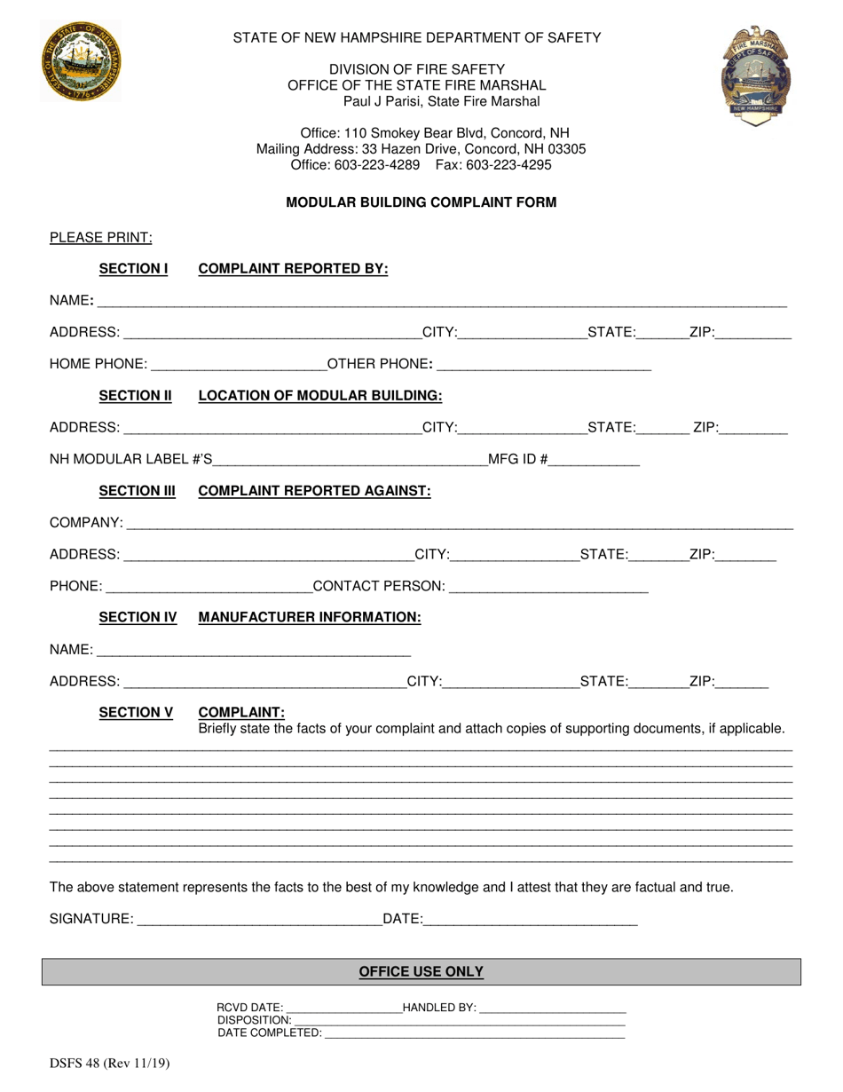 Form DSFS48 Modular Building Complaint Form - New Hampshire, Page 1