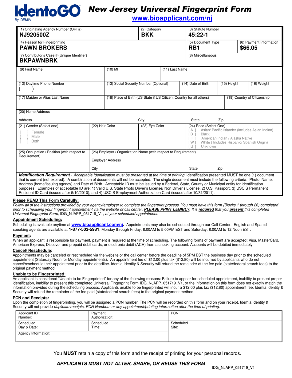 New Jersey Universal Fingerprint Form - Pawn Brokers - New Jersey, Page 1